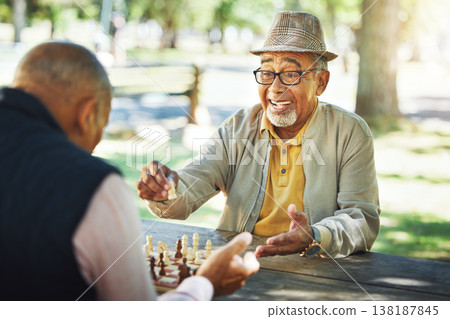 Elderly men in park, chess game and winner of competition or challenge, friends in retirement and happiness. Achievement, success and contest outdoor, moving piece for checkmate and problem solving Elderly men in park, chess game and winner of competition or challenge, friends in retirement and happiness. Achievement, success and contest outdoor, moving piece for checkmate and problem solving 138187845