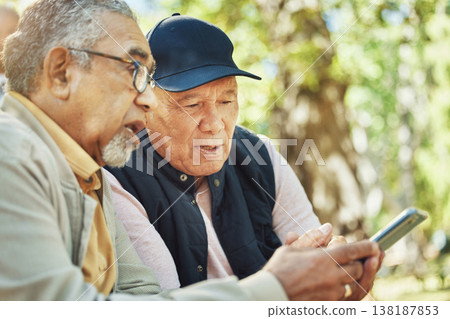 Phone, friends and senior men in a park on social media, map or text together. Smartphone, search and elderly people online in forest for navigation check, location or direction guide app in nature Phone, friends and senior men in a park on social media, map or text together. Smartphone, search and elderly people online in forest for navigation check, location or direction guide app in nature 138187853