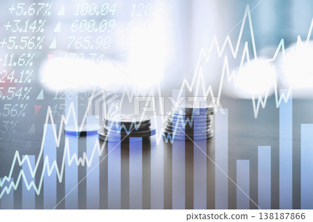Money, coins and graphs with investment, stock market and financial problem with insider trading, stocks and business deal. Charts, fintech or inflation with money, finance and economy with overlay Money, coins and graphs with investment, stock market and financial problem with insider trading, stocks and business deal. Charts, fintech or inflation with money, finance and economy with overlay 138187866
