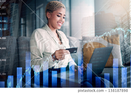Woman, laptop and home trading with credit card for stock market investment, graph overlay and finance or sales. African trader or entrepreneur on computer and sofa for banking with finance increase Woman, laptop and home trading with credit card for stock market investment, graph overlay and finance or sales. African trader or entrepreneur on computer and sofa for banking with finance increase 138187898