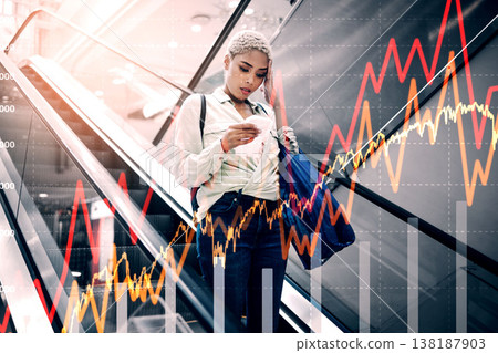Inflation, woman and statistics in shopping mall by overlay of price increase, and food impact. Diversity, lady and shopping slip with budget, cost of living and less money for groceries or goods Inflation, woman and statistics in shopping mall by overlay of price increase, and food impact. Diversity, lady and shopping slip with budget, cost of living and less money for groceries or goods 138187903