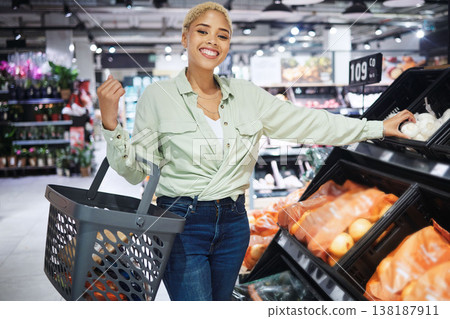 Portrait, basket and woman grocery shopping for vegetables in supermarket, retail or convenience store. Groceries, fruit or happy African customer at shelf for organic nutrition, food health or sales Portrait, basket and woman grocery shopping for vegetables in supermarket, retail or convenience store. Groceries, fruit or happy African customer at shelf for organic nutrition, food health or sales 138187911