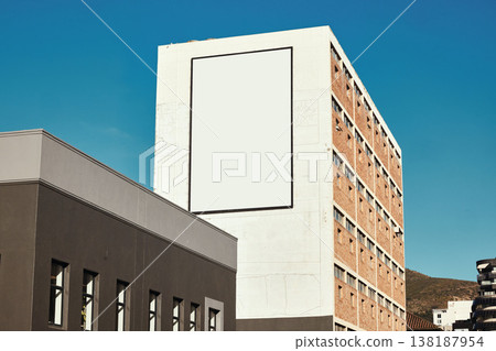 Building, city with mockup space and billboard for advertising, commercial product or logo. Empty poster for brand marketing, multimedia and communication with announcement, urban and banner outdoor Building, city with mockup space and billboard for advertising, commercial product or logo. Empty poster for brand marketing, multimedia and communication with announcement, urban and banner outdoor 138187954