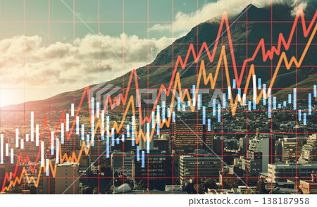 City background, graphs or stock market with overlay, fintech or stocks with investment. Town, buildings or inflation with money, corporate deal or trading with finance, profit or economy with money City background, graphs or stock market with overlay, fintech or stocks with investment. Town, buildings or inflation with money, corporate deal or trading with finance, profit or economy with money 138187958
