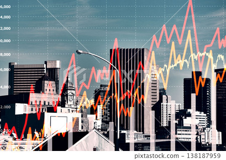 City background, graphs or overlay with trading, fintech or stocks with investment with profit. Town, buildings or inflation with money, investment or trading with finance, economy and corporate deal City background, graphs or overlay with trading, fintech or stocks with investment with profit. Town, buildings or inflation with money, investment or trading with finance, economy and corporate deal 138187959