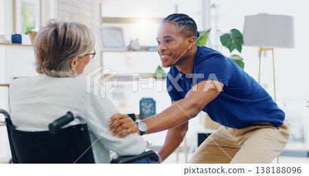 Black man, caregiver speaking or old woman in wheelchair talking or supporting in homecare rehabilitation. Medical healthcare or happy male nurse nursing or helping elderly patient with disability Black man, caregiver speaking or old woman in wheelchair talking or supporting in homecare rehabilitation. Medical healthcare or happy male nurse nursing or helping elderly patient with disability 138188096