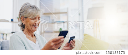 Happy, phone or old woman online shopping with credit card for discount sale on digital fintech website. Financial ecommerce payment, smile or excited elderly person on sofa internet banking at home Happy, phone or old woman online shopping with credit card for discount sale on digital fintech website. Financial ecommerce payment, smile or excited elderly person on sofa internet banking at home 138188173