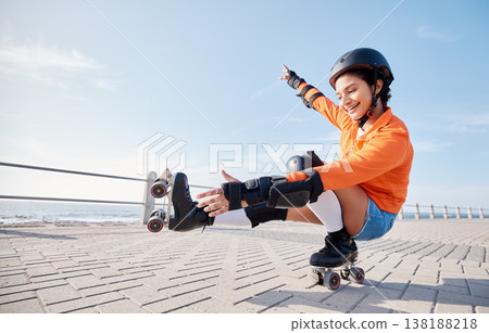 Woman, rollerskate and happy summer energy cardio sport with smile, balance or learning. Female fitness, cool strong workout jump and action with helmet for exercise health or relax, training or gear Woman, rollerskate and happy summer energy cardio sport with smile, balance or learning. Female fitness, cool strong workout jump and action with helmet for exercise health or relax, training or gear 138188218
