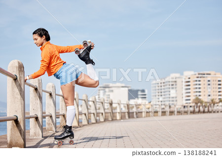 Roller skate, stretching and mockup with a girl at the promenade on a blue sky background for the weekend. Fitness, beach and balance with a young person skating outdoor during summer on banner space Roller skate, stretching and mockup with a girl at the promenade on a blue sky background for the weekend. Fitness, beach and balance with a young person skating outdoor during summer on banner space 138188241