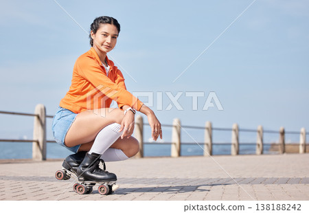 Portrait, promenade and woman skating, summer and happiness with hobby, relax and vacation. Person, girl or skater outdoor, trendy activity or fitness with wellness, mockup space and holiday with fun Portrait, promenade and woman skating, summer and happiness with hobby, relax and vacation. Person, girl or skater outdoor, trendy activity or fitness with wellness, mockup space and holiday with fun 138188242