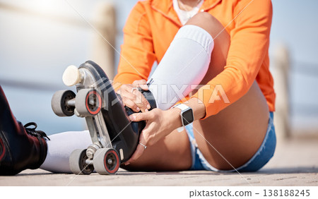 Woman, hands and shoes to roller skate outdoor for exercise, workout or training with wheels on sidewalk or ground. Start, sport and person with cardio, fitness or rollerskating gear in summer Woman, hands and shoes to roller skate outdoor for exercise, workout or training with wheels on sidewalk or ground. Start, sport and person with cardio, fitness or rollerskating gear in summer 138188245