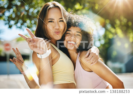 Fitness, peace sign and portrait of women together for workout, exercise and wellness in a park for health in nature. Smile, happy and friends training in summer ready for morning sports or warm up Fitness, peace sign and portrait of women together for workout, exercise and wellness in a park for health in nature. Smile, happy and friends training in summer ready for morning sports or warm up 138188253