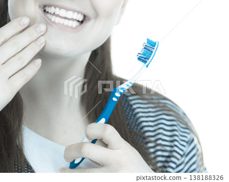Woman brushing cleaning teeth. 138188326