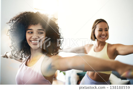 Women, fitness friends with stretching and yoga, happy at home with bonding and training together. Pilates, wellness and lens flare with exercise or workout, yogi team smile with self care and body 138188559