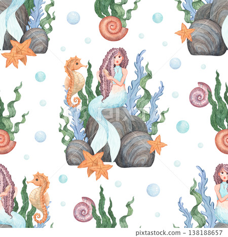 Watercolor seamless pattern with a charming mermaid sitting on the rocks Watercolor seamless pattern with a charming mermaid sitting on the rocks 138188657
