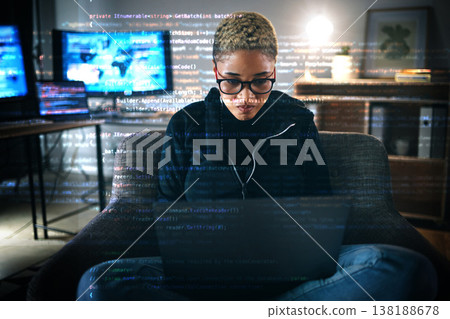 Serious woman, code overlay and laptop typing with cybersecurity, hacker and software data analysis. Web, programmer and computer work with firewall system hacking and algorithm writing for malware Serious woman, code overlay and laptop typing with cybersecurity, hacker and software data analysis. Web, programmer and computer work with firewall system hacking and algorithm writing for malware 138188678