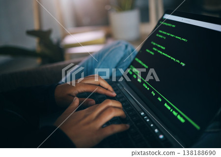 Developer hands, code overlay and laptop typing with cybersecurity, hacker and data analysis. Person, programmer and computer work with firewall system hacking and algorithm writing for malware Developer hands, code overlay and laptop typing with cybersecurity, hacker and data analysis. Person, programmer and computer work with firewall system hacking and algorithm writing for malware 138188690