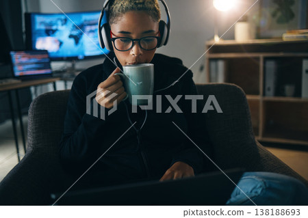 Hacker woman, coffee and night on laptop, thinking and ideas for cybersecurity, data phishing and ransomware. Programmer, dark room and sofa to drink matcha for it scam, software and coding research 138188693