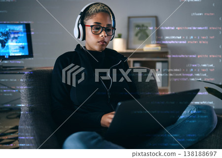 Woman, code overlay and laptop typing with cybersecurity, hacker and software data analysis. Digital, programmer and computer work with firewall system hacking and algorithm writing for malware Woman, code overlay and laptop typing with cybersecurity, hacker and software data analysis. Digital, programmer and computer work with firewall system hacking and algorithm writing for malware 138188697