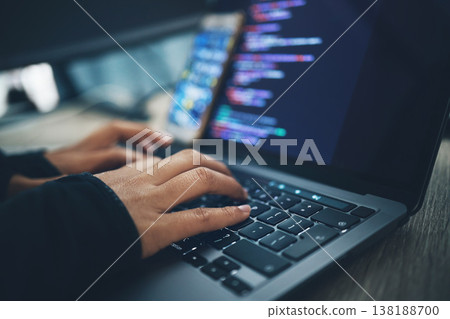 Hands, coding and laptop typing with cybersecurity, hacker and software data analysis. Person, web programmer and computer work with firewall system hacking and algorithm writing for malware Hands, coding and laptop typing with cybersecurity, hacker and software data analysis. Person, web programmer and computer work with firewall system hacking and algorithm writing for malware 138188700