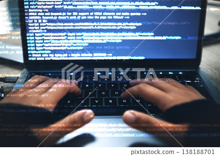 Hands, code overlay and laptop typing with cybersecurity, hacker and software data analysis. Person, programmer and computer work with firewall system hacking and algorithm writing for malware 138188701
