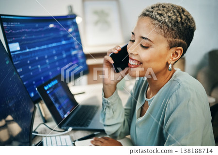 Woman, computer and statistics in office with smile for finance data, stock market growth or trading. Female, phone call and laptop for investment or online future saving business, economy or happy Woman, computer and statistics in office with smile for finance data, stock market growth or trading. Female, phone call and laptop for investment or online future saving business, economy or happy 138188714