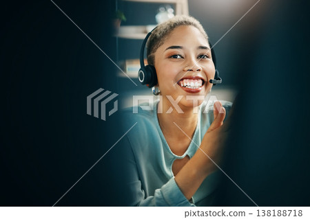 Happy customer service, computer and professional woman consulting for advisory, telecom or telemarketing sales pitch. Call center, lead generation or consultant smile for online support consultation 138188718