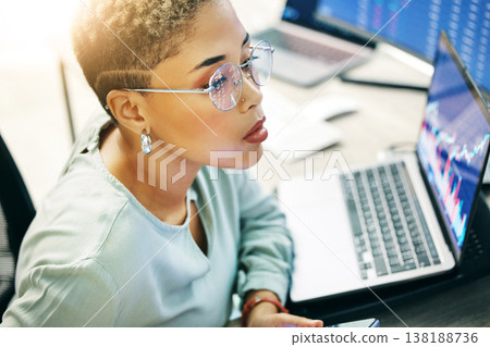 Woman with laptop, glasses and thinking on cyber stocks for crypto trade, research and investment in online data. Nft, consultant or broker reading stats info on market growth, brainstorming or ideas 138188736