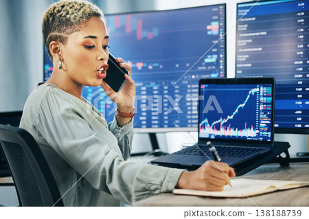 Woman, phone call at desk and networking for cyber trade, cryptocurrency and investment in online stocks. Nft, financial advisor or broker on cellphone, writing notes on market research or lead info. Woman, phone call at desk and networking for cyber trade, cryptocurrency and investment in online stocks. Nft, financial advisor or broker on cellphone, writing notes on market research or lead info. 138188739