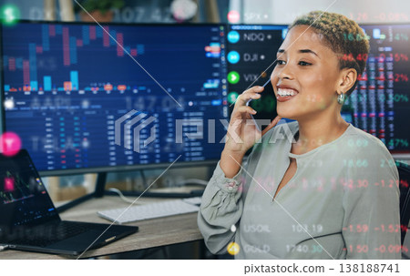 Woman, phone call with digital overlay and computer for crypto trading, networking and investment in cyber stocks. Nft, financial advisor or broker on cellphone for advice on profit, market and data. 138188741
