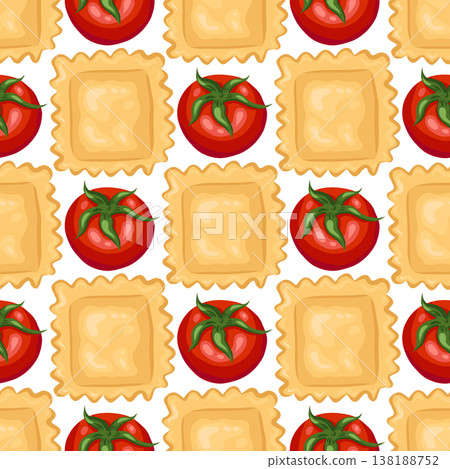 Tomato and ravioli vector seamless pattern. Hand drawn staggered pasta on white background. Italian food for restaurant menu design. Organic kitchen ornament for retro wallpaper and product packaging. Tomato and ravioli vector seamless pattern. Hand drawn staggered pasta on white background. Italian food for restaurant menu design. Organic kitchen ornament for retro wallpaper and product packaging. 138188752