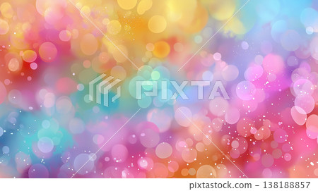 柔和的漸變背景，上麵點綴著黃色、橙色、粉紅色和淺藍色的大、小的彩虹色散景球。 138188857