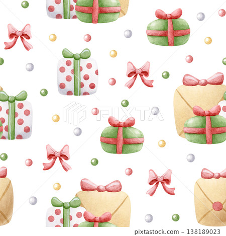 Cute Christmas gift boxes with bows and candies watercolor seamless pattern on white. Hand drawn cartoon presents in green, red and beige with polka dots. Happy New Year background for wrapping paper Cute Christmas gift boxes with bows and candies watercolor seamless pattern on white. Hand drawn cartoon presents in green, red and beige with polka dots. Happy New Year background for wrapping paper 138189023