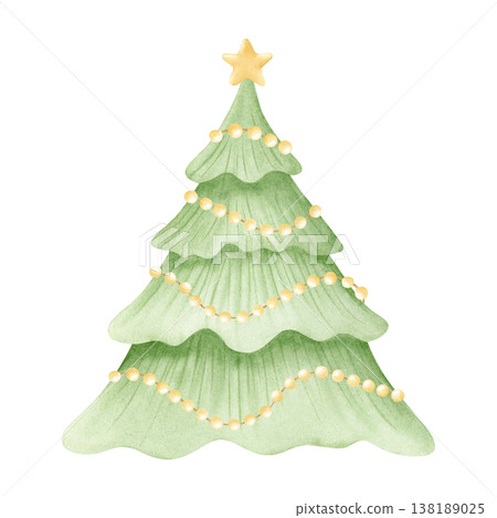 Simple Christmas tree decorated with lights garland and gold star on top watercolor illustration isolated on white for Happy New Year greeting cards and designs. Spruce kids cartoon clip art Simple Christmas tree decorated with lights garland and gold star on top watercolor illustration isolated on white for Happy New Year greeting cards and designs. Spruce kids cartoon clip art 138189025