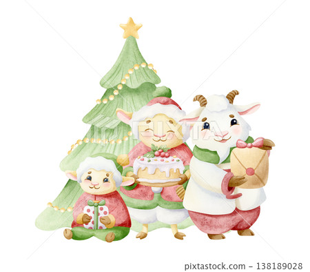 Happy lamb and goat family on Christmas party watercolor isolated illustration. Cartoon animals in winter clothes with gifts and cake near Christmas tree. Adorable smiling hand drawn characters 138189028