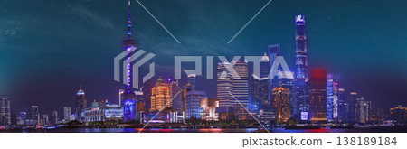 Shanghai Skyline at Night with Oriental Pearl Tower and Starry Sky 138189184