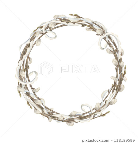 Willow branch with white ribbons wreath on isolated background. Fluffy white catkin twigs frame with copy space for text. Spring illustration for greeting cards, seasonal decor Willow branch with white ribbons wreath on isolated background. Fluffy white catkin twigs frame with copy space for text. Spring illustration for greeting cards, seasonal decor 138189599
