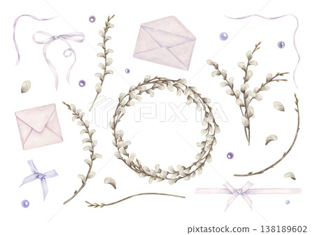 Willow branches, envelopes, ribbons, tied bows and beads clip art watercolor illustration on isolated background. Easter accessories set for greeting cards, invitations, spring packaging Willow branches, envelopes, ribbons, tied bows and beads clip art watercolor illustration on isolated background. Easter accessories set for greeting cards, invitations, spring packaging 138189602