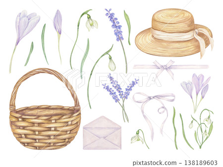 Watercolor spring floral elements clip art on isolated background. White snowdrops, crocuses, grape hyacinth, envelope, woven basket, hat set. Flowers and picnic accessories for greeting card Watercolor spring floral elements clip art on isolated background. White snowdrops, crocuses, grape hyacinth, envelope, woven basket, hat set. Flowers and picnic accessories for greeting card 138189603