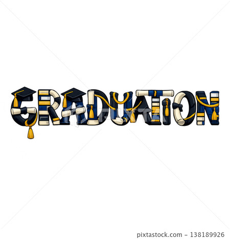 Graduation word with academic elements on black background. Isolated on transparent background 138189926