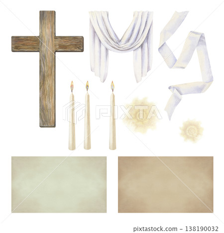 Easter design kit includes a wooden Christian cross, draped white fabric, neutral colored backgrounds, burning candle, halo of light. Watercolor template for church products, invitation, announcement 138190032