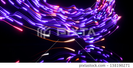 Futuristic neon light trails, 3D vibrant glow wave lines with energy particles. Luminous curve streams on dark background. AI tech, fiber optic network, data transfer, high speed flow. 3D illustration Futuristic neon light trails, 3D vibrant glow wave lines with energy particles. Luminous curve streams on dark background. AI tech, fiber optic network, data transfer, high speed flow. 3D illustration 138190271