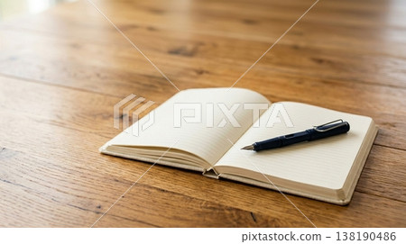 Open Notebook with Pen on Wooden Surface Ready for Writing and Ideas Open Notebook with Pen on Wooden Surface Ready for Writing and Ideas 138190486