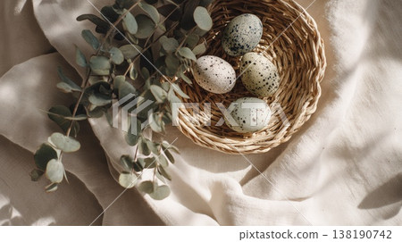 Easter composition with speckled eggs in basket and eucalyptus on linen fabric, soft light seasonal decoration for spring holiday concept 138190742