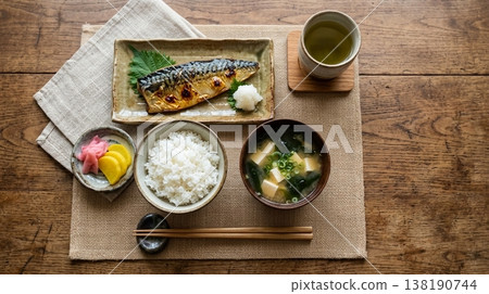 Traditional Japanese Breakfast with Grilled Mackerel Rice Miso Soup and Green Tea 138190744