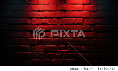 Red neon lighting illuminating dark brick wall texture, creating dramatic urban background with grunge aesthetic and cinematic atmosphere Red neon lighting illuminating dark brick wall texture, creating dramatic urban background with grunge aesthetic and cinematic atmosphere 138190748