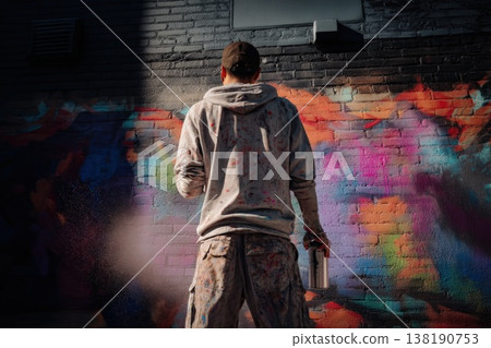 Street artist painting colorful graffiti mural on urban wall, showcasing creative expression, modern culture, and vibrant city art scene 138190753