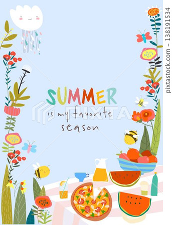 Table With Delicious Food in Summer Flowers Frame 138191534