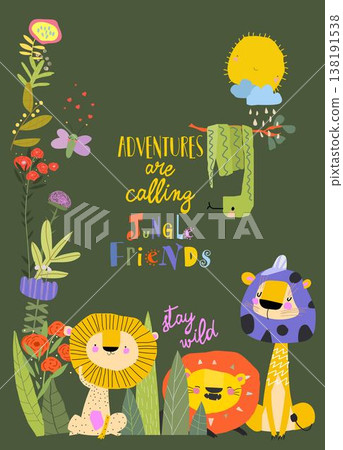Cute Cartoon Lions Sitting in Flowers Frame 138191538