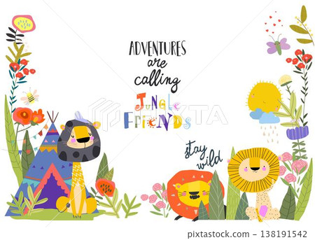 Cute Cartoon Lions Sitting Near Teepee Tent in Flowers Frame 138191542
